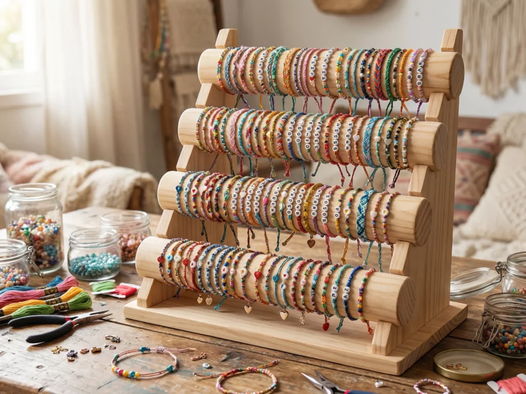 Expositor de pulseiras artesanais em ambiente caseiro