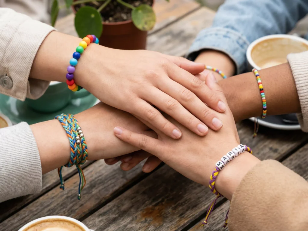 Mãos de amigas unidas com pulseiras coloridas