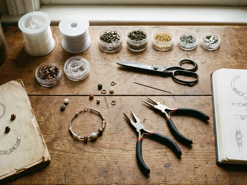 Materiais para confecção de bijuterias sobre mesa