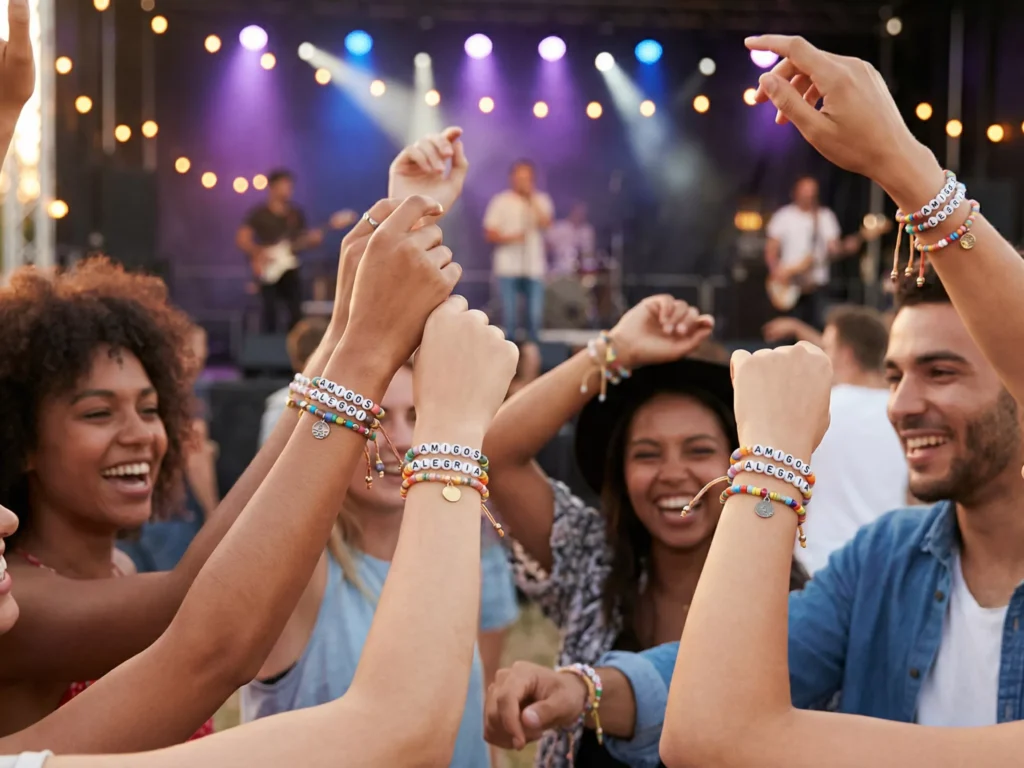 Pessoas dançando em show com pulseiras coloridas.