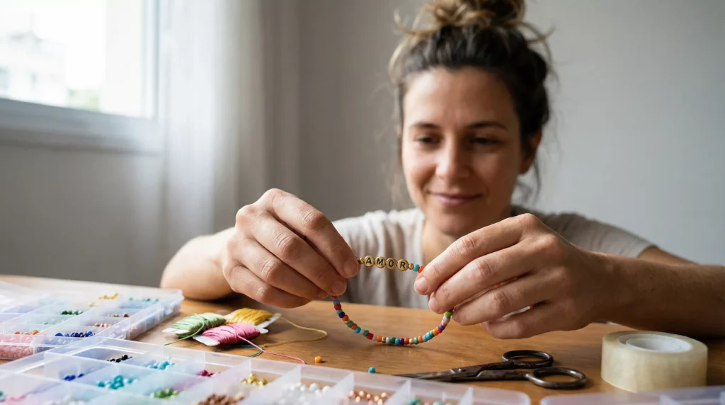 Mulher fazendo pulseira colorida com miçangas