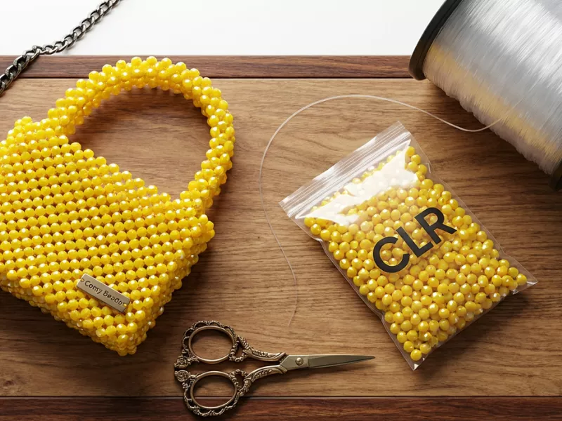 Bolsa amarela de miçangas com tesoura ao lado.