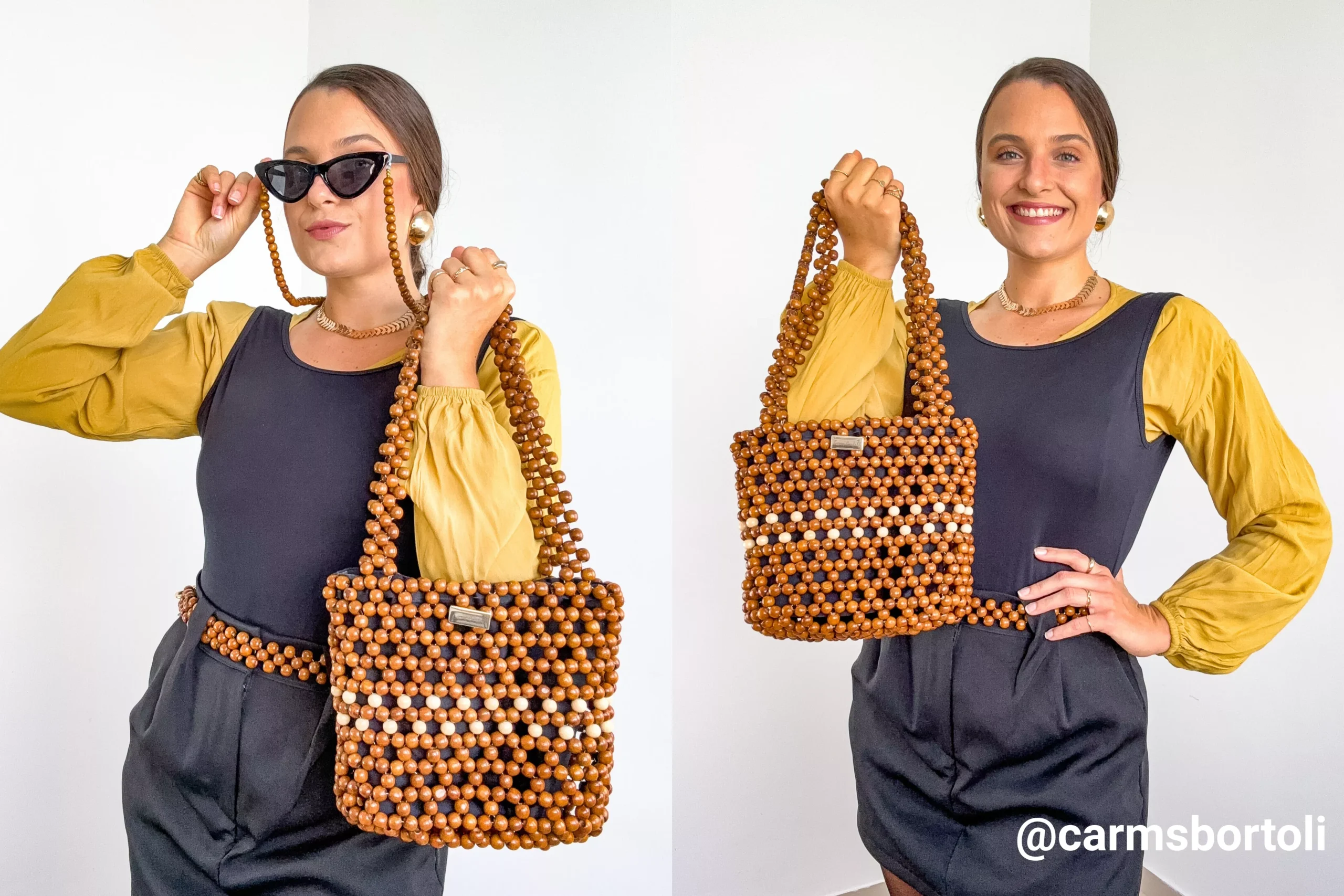 Mulher segura bolsa de madeira, usando óculos escuros