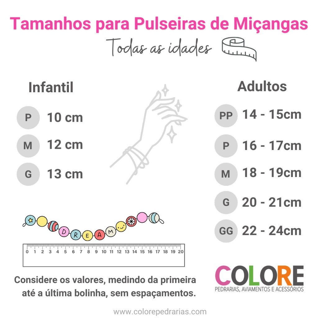 Guia de tamanhos para pulseiras de miçangas, com medidas para infantil (P, M, G) e adulto (PP, P, M, G, GG).