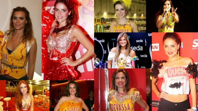 Colagem de várias mulheres famosas vestindo abadás e fantasias de carnaval.