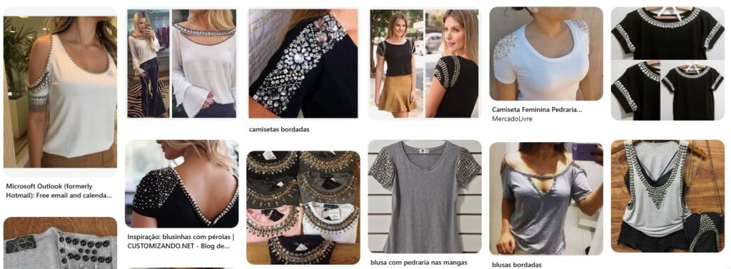 Collage de várias blusas customizadas com pedrarias e strass, com textos descritivos como camisetas bordadas, blusa com pedraria nas mangas e blusas bordadas.