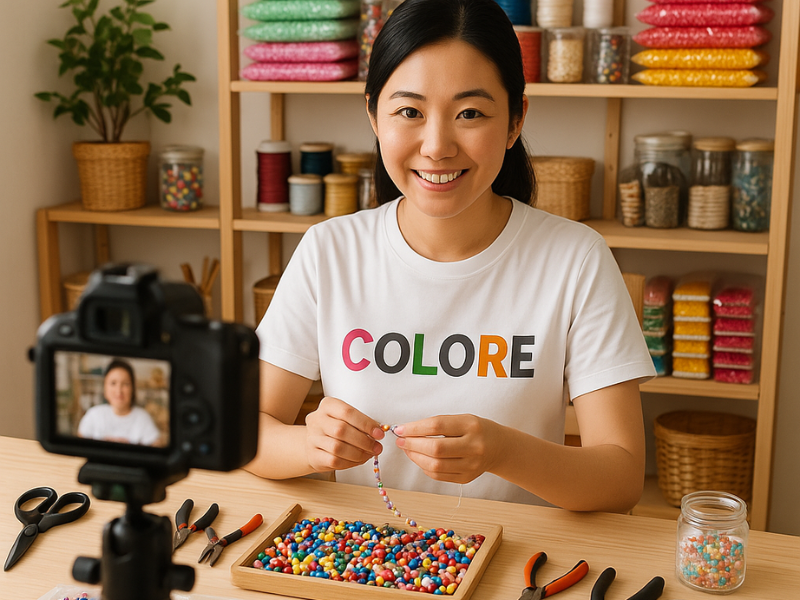 Mulher fazendo colares com pérolas coloridas
