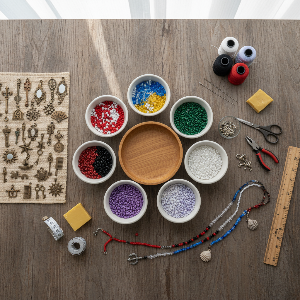 Materiais para artesanato: miçangas e ferramentas em mesa