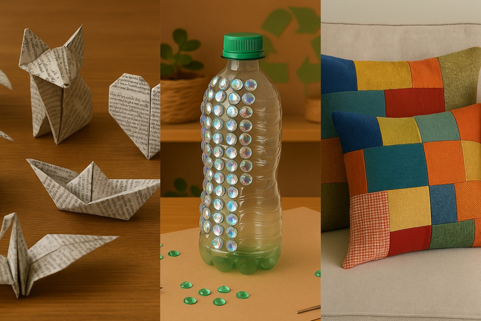 Artesanato de garrafa plástica com pedrarias, em uma mesa com tesoura e outros materiais.