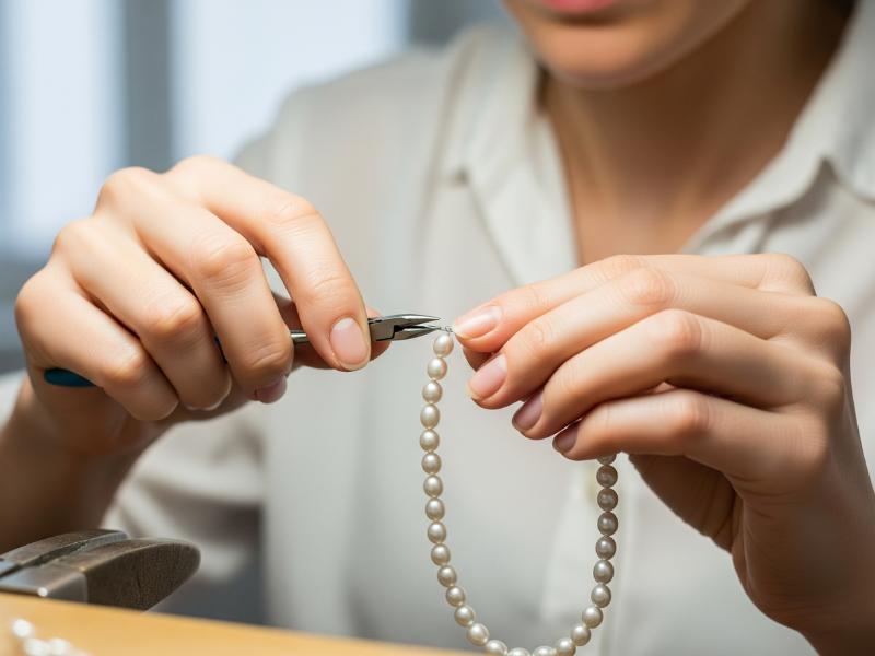 Mulher montando colar de pérolas com alicate