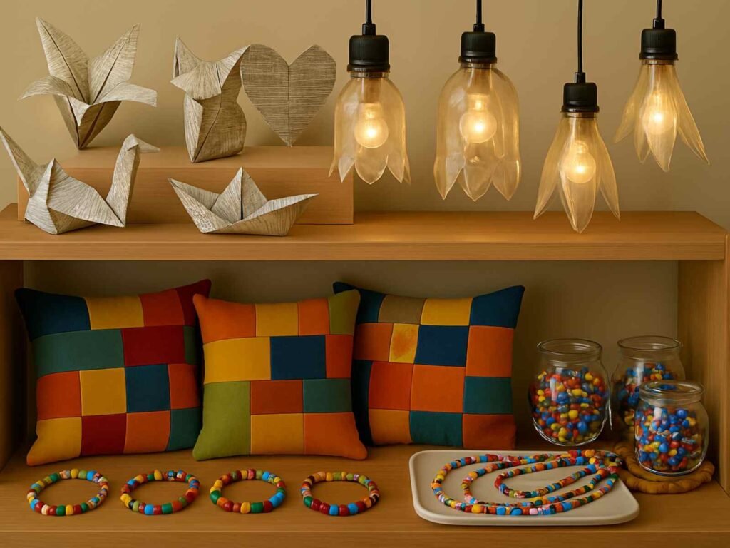 Materiais recicláveis convertidos em peças de artesanato