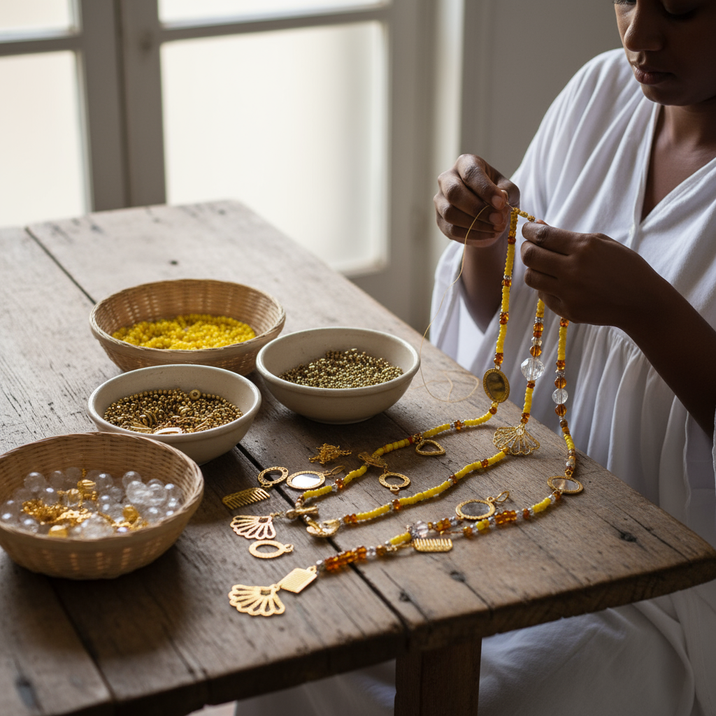 Mulher fazendo colares com pérolas e contas coloridas