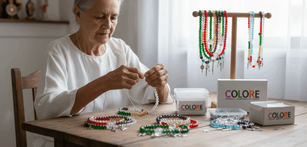 Idosa criando colares coloridos com contas