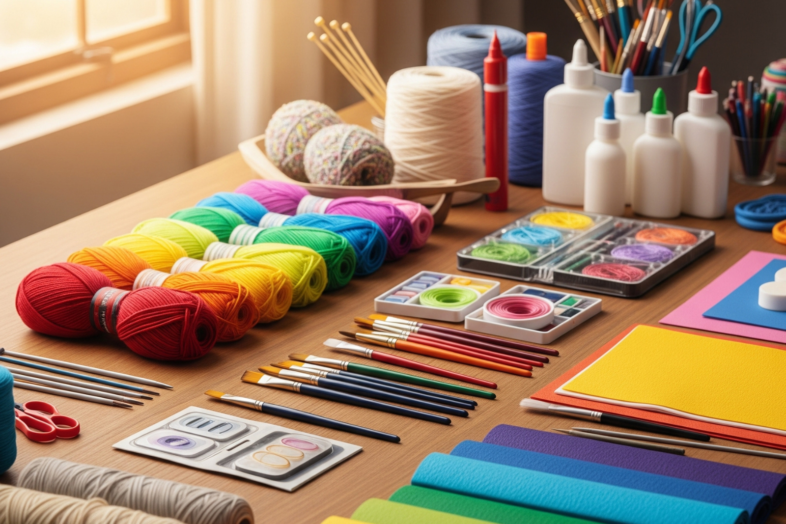Materiais de arte organizados em uma mesa criativa