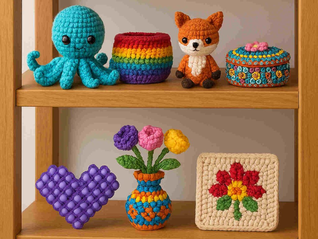 Decoração em crochê com polvo, raposa e vasos de flores.