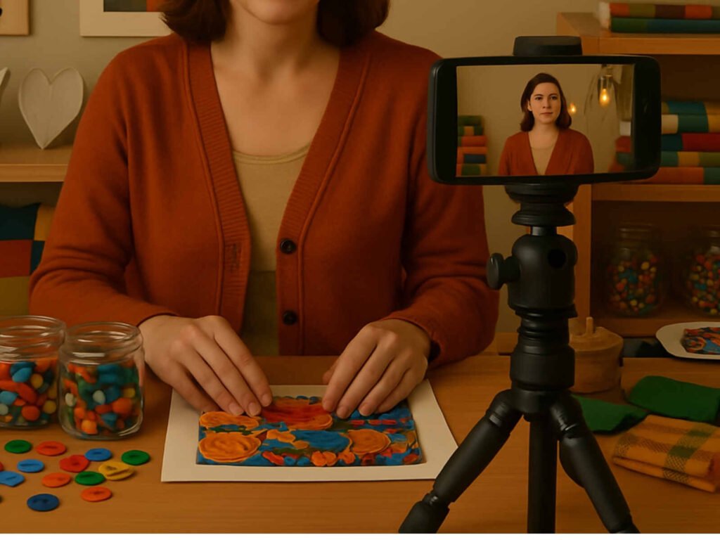 Mulher gravando vídeos de suas peças de artesanato