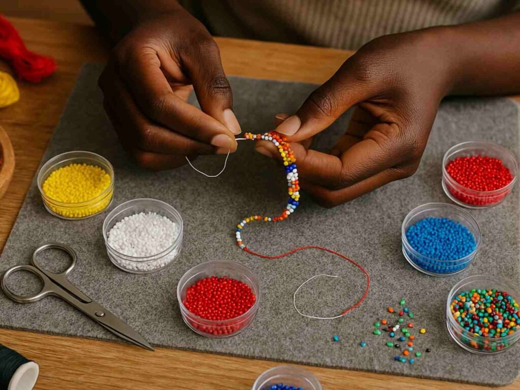 Mãos criando bijuterias com contas coloridas