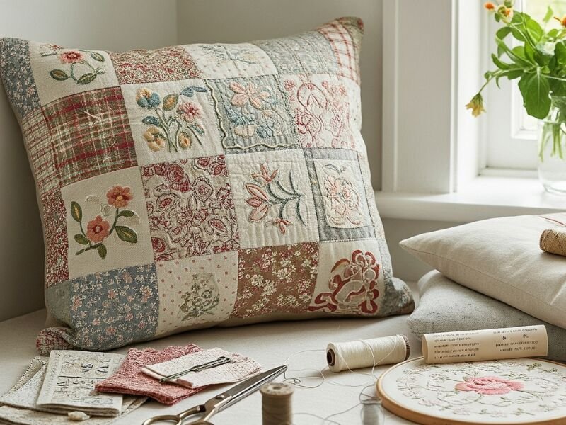Almofada decorativa com patchwork e bordados florais.