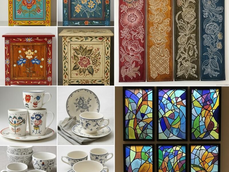 Mobiliário e artesanato com motivos florais coloridos