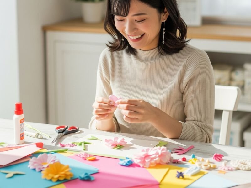 Mulher sorrindo enquanto faz artesanato com papel colorido