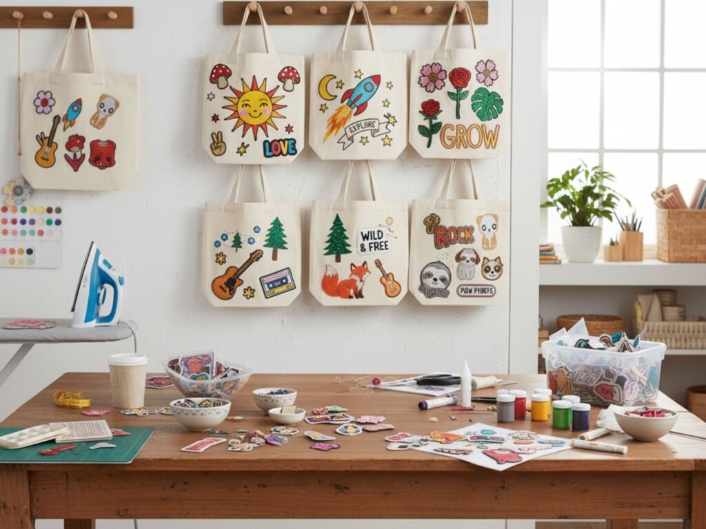 Ateliê com bolsas personalizadas e materiais de artesanato