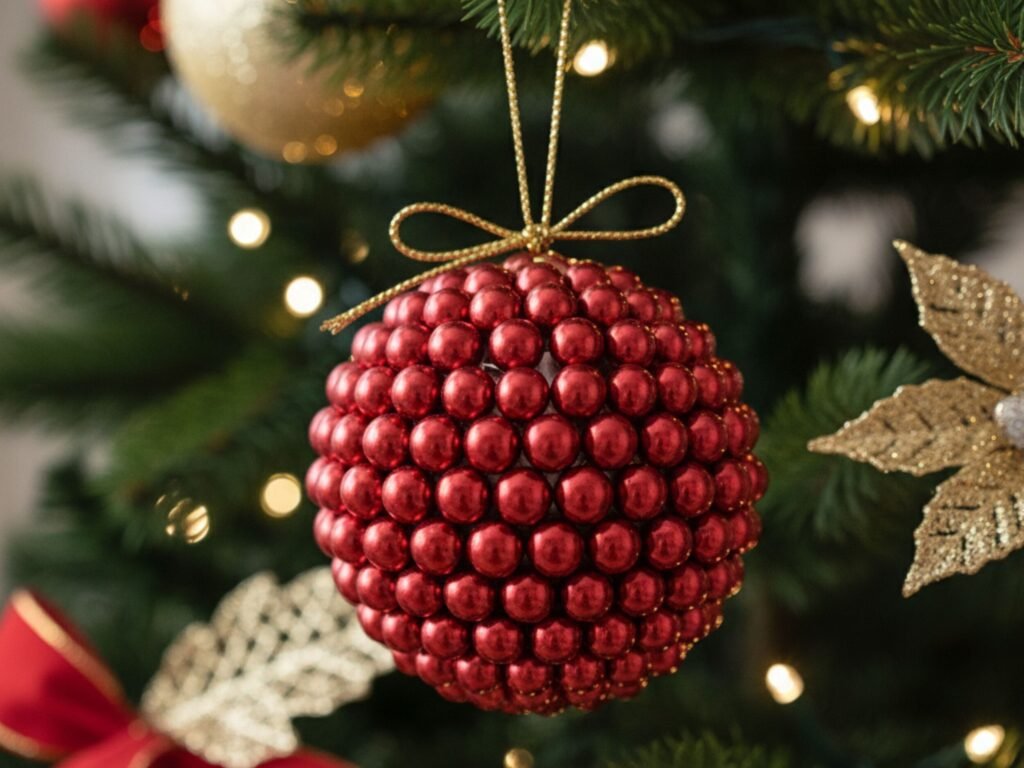 Bola de Natal vermelha decorativa na árvore