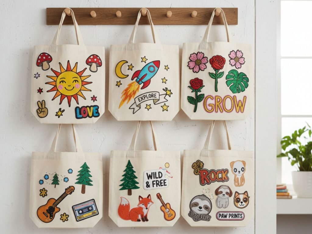 Bolsas de tecido com desenhos coloridos e divertidos