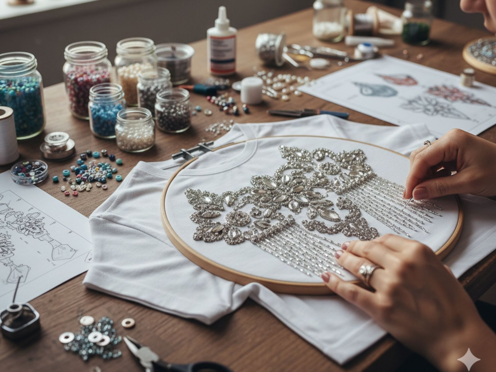 Bordado artístico em camisetas com aplicações de strass.