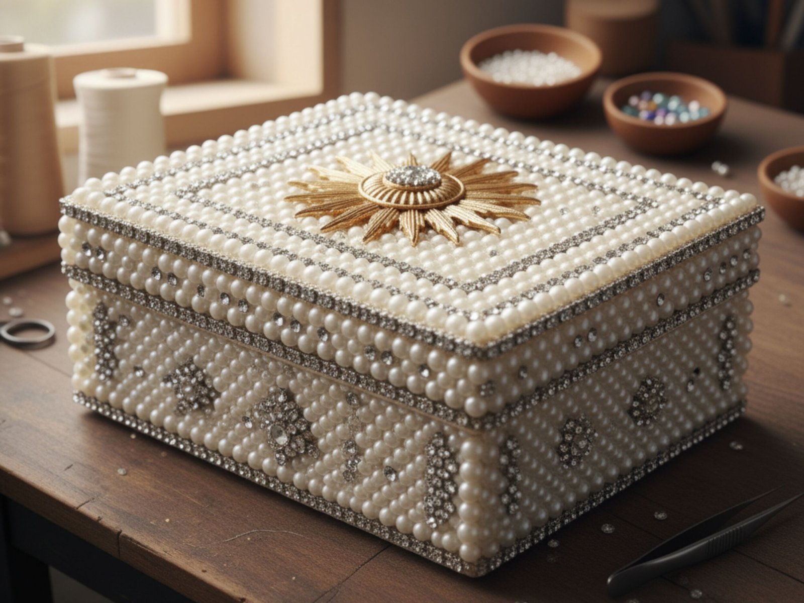 Caixa decorativa com pérolas e detalhes dourados