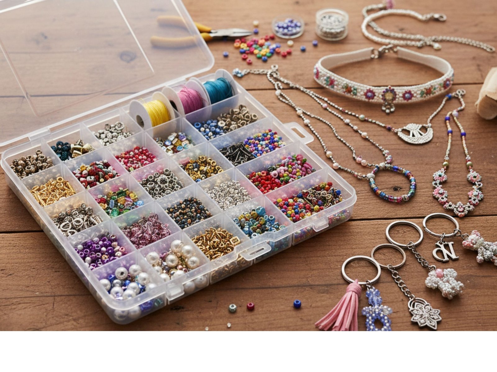 Caixa organizadora com miçangas e materiais de bijuteria