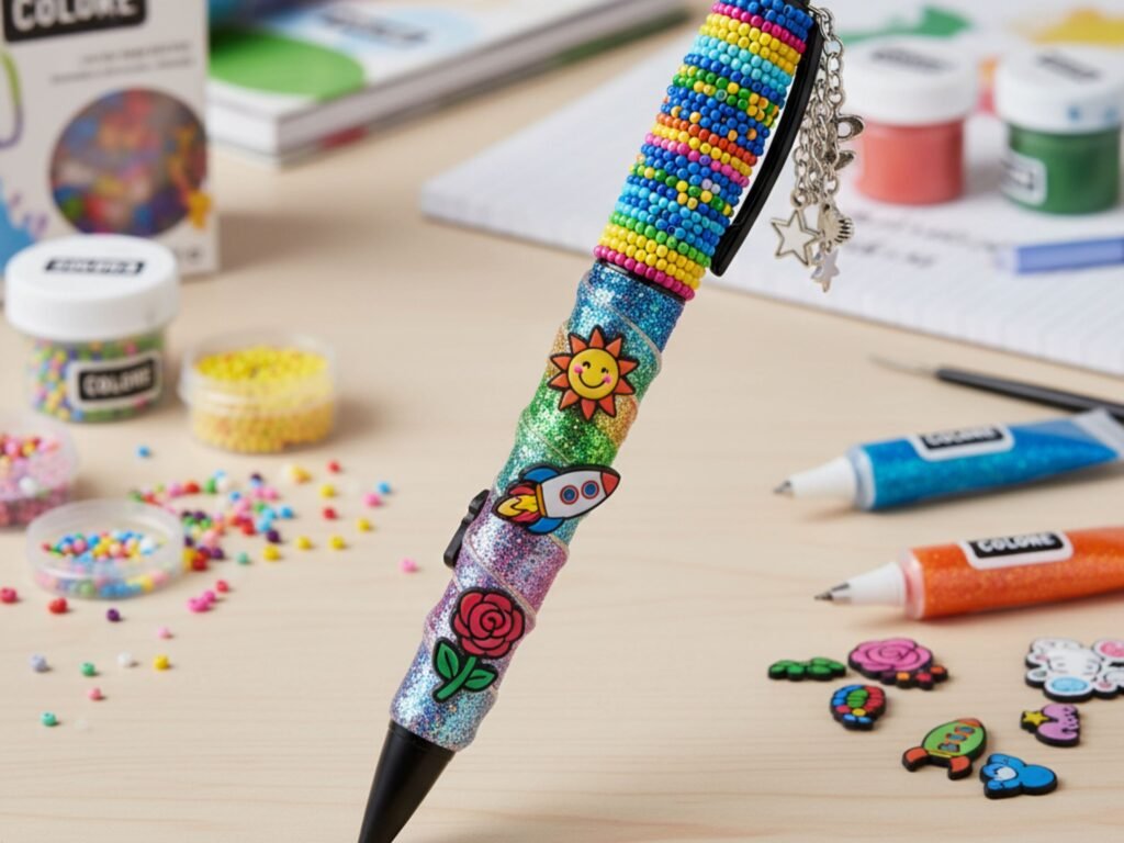 Caneta decorada com adesivos e miçangas coloridas