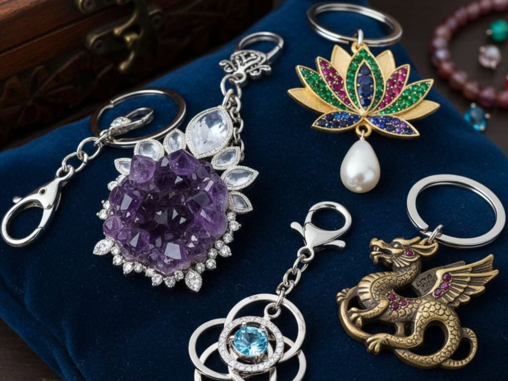 Chaveiros variados com pedras e designs coloridos