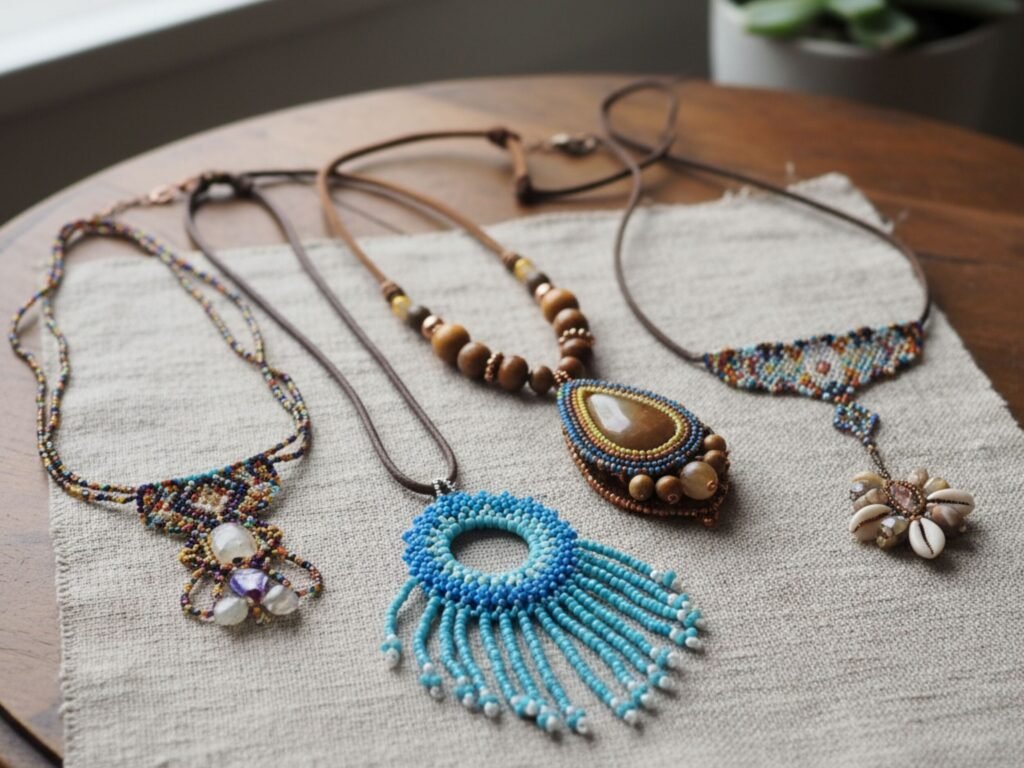 Colares artesanais coloridos em uma mesa de madeira