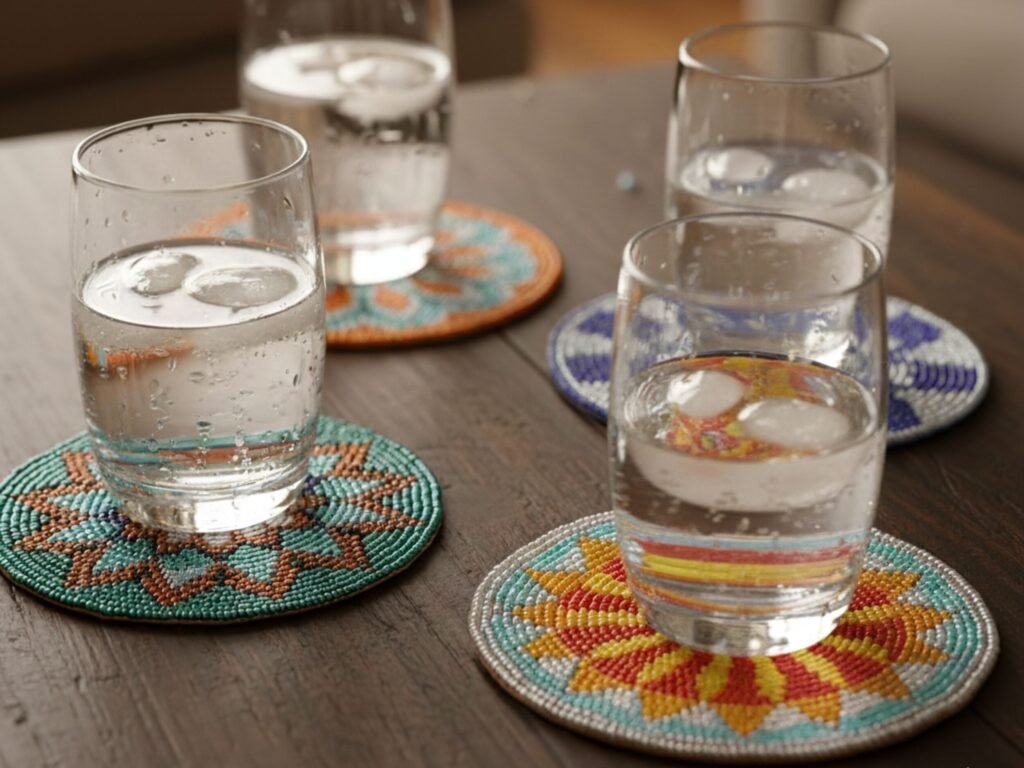 Copos de água em sousplat coloridos