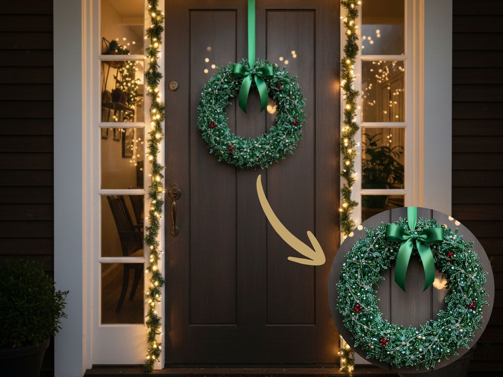 Guirlanda verde decorativa na porta de entrada