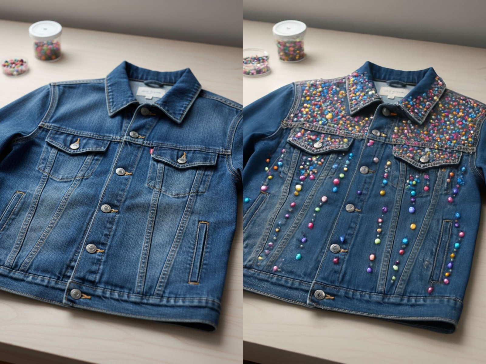 Jaqueta jeans com detalhes coloridos e sem detalhes