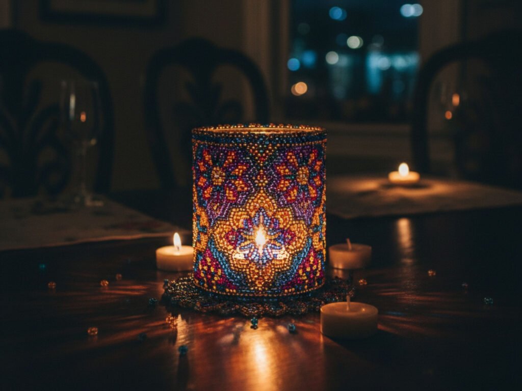 Lanterna decorativa colorida com velas ao fundo