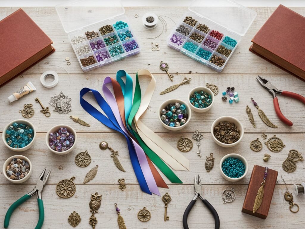 Materiais para artesanato com miçangas e fita