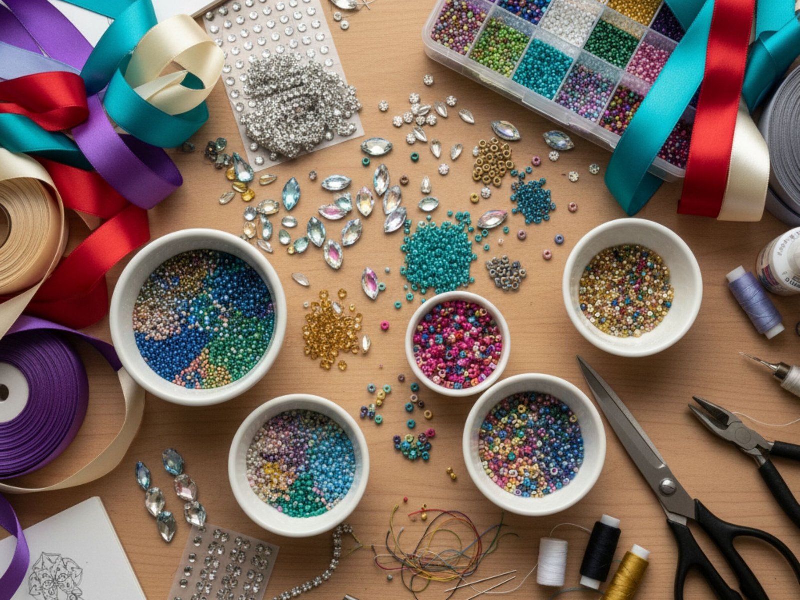 Materiais de artesanato em mesa com pérolas e fitas coloridas.