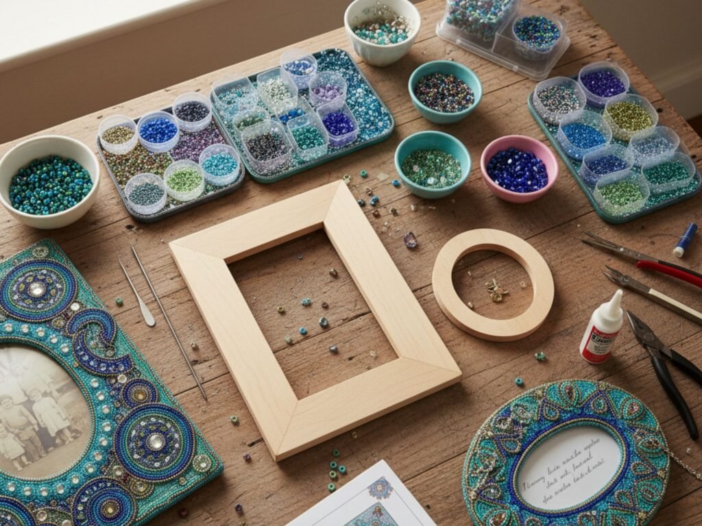 Mesa com materiais para artesanato em bijuterias.