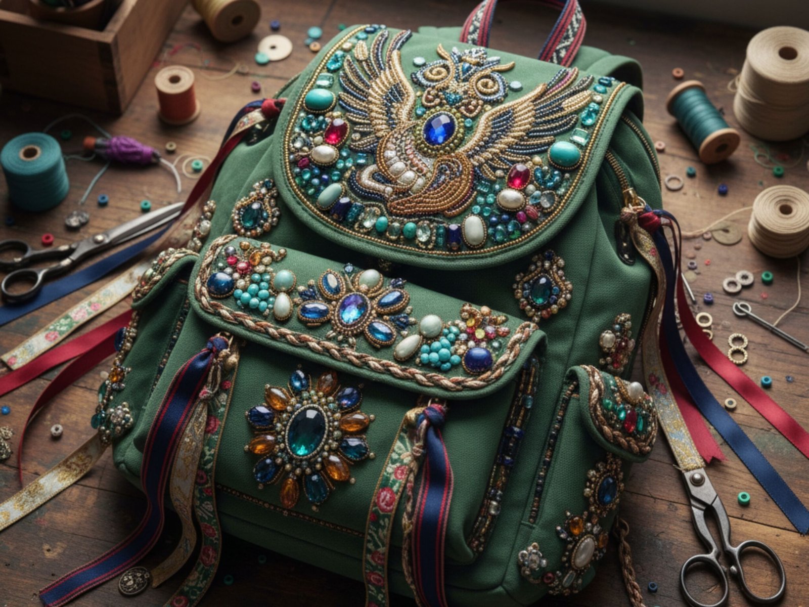 Mochila verde decorada com pedras e bordados coloridos.