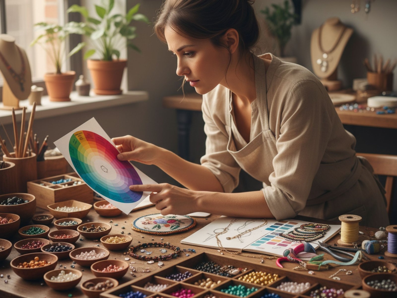Mulher criando bijuterias com paleta de cores