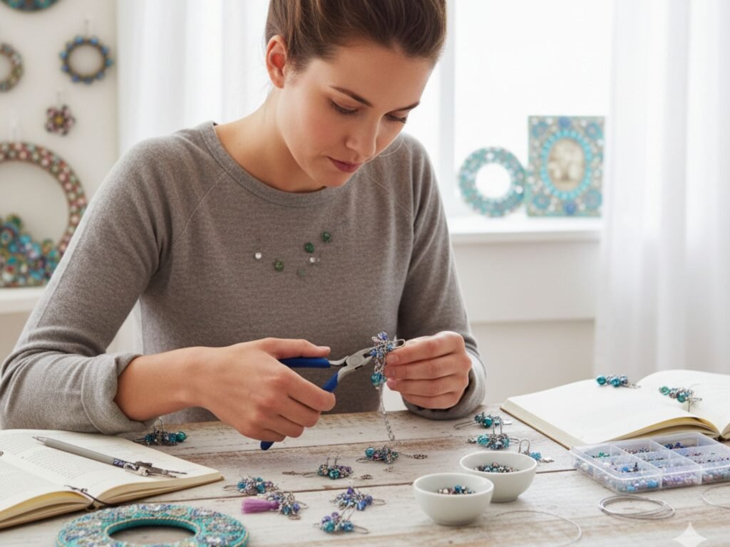 Mulher criando joias artesanais com contas coloridas.