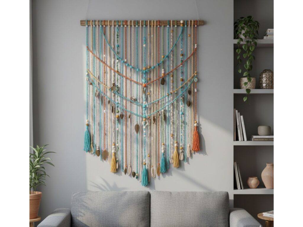 Painel decorativo de fios coloridos na parede