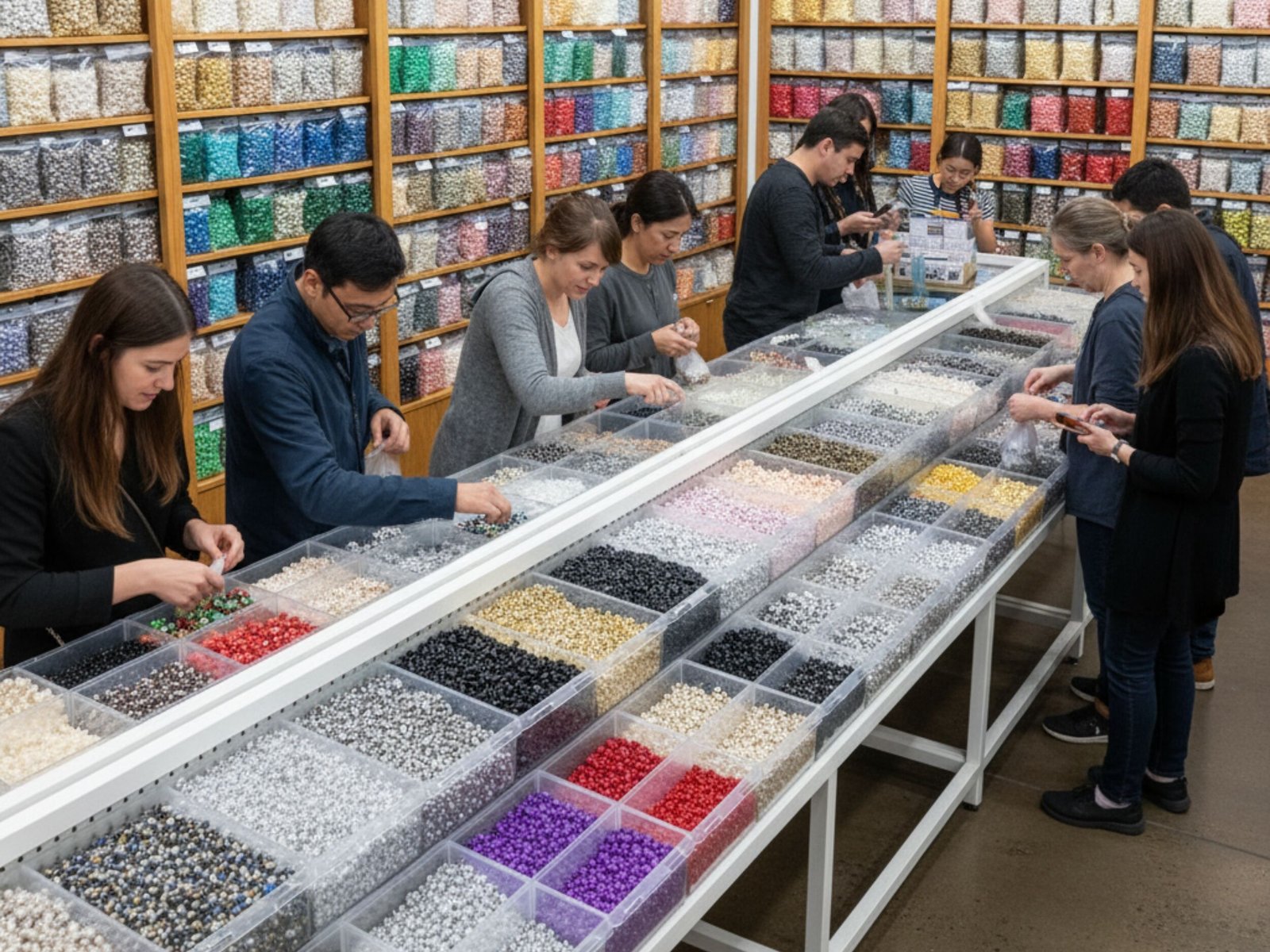Grupo de pessoas organizando contas em uma loja.