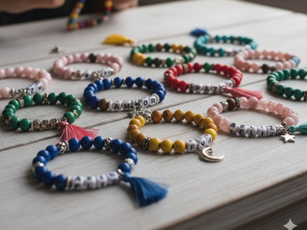 Pulseiras coloridas com letras e pingentes em mesa de madeira