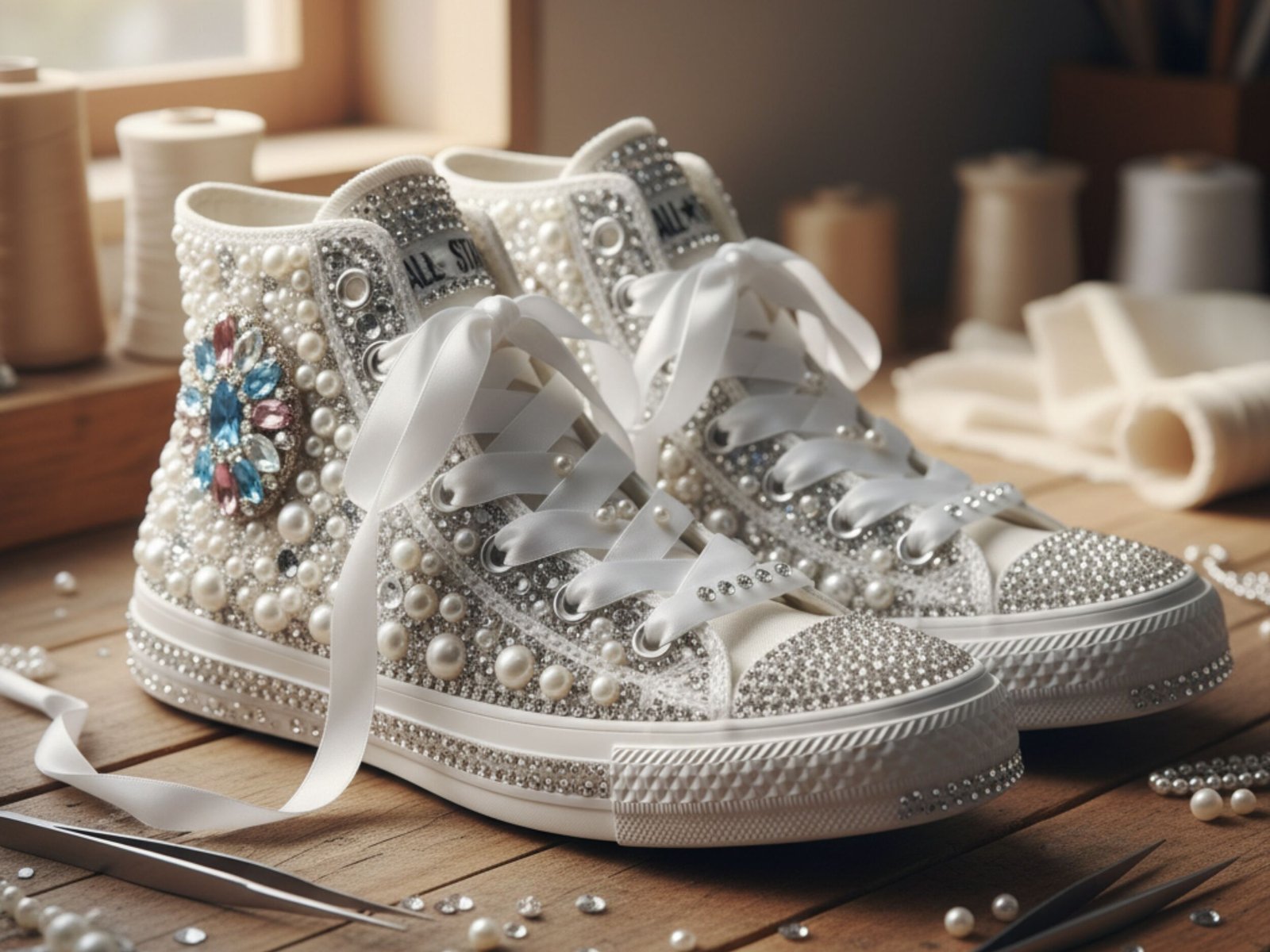 Tênis branco decorado com pérolas e strass