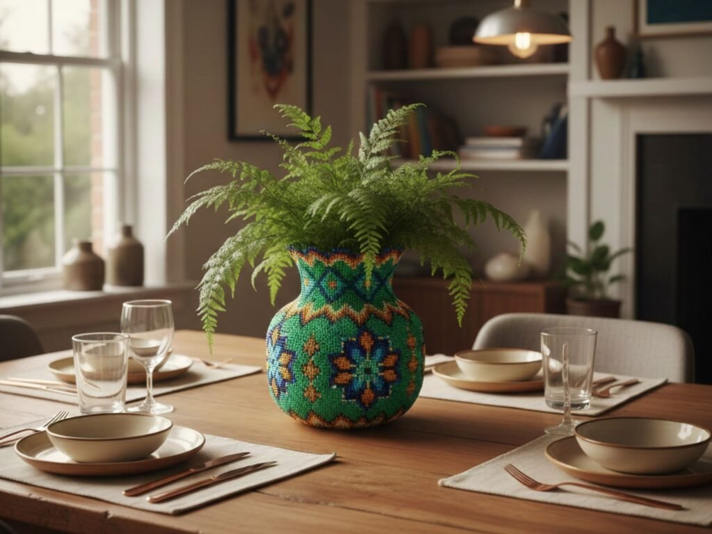 Vaso colorido com planta em mesa de jantar