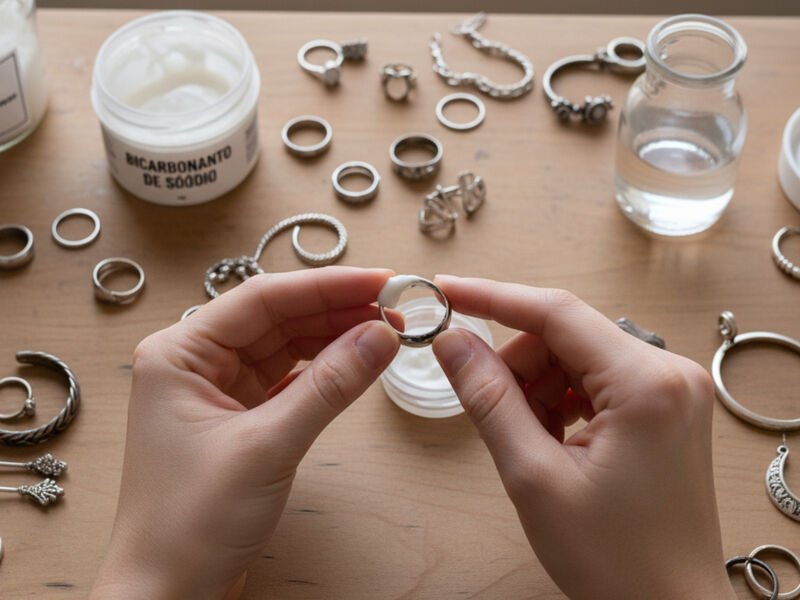 Pessoa segurando um anel de prata em fundo de jóias