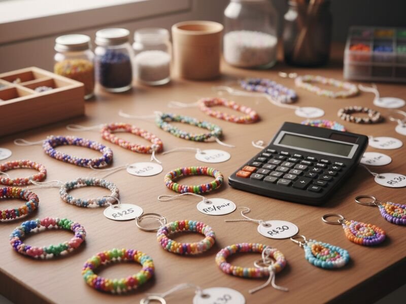 Mesas com bijuterias coloridas e calculadora